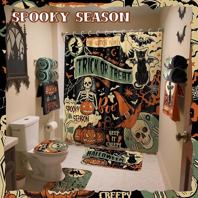 8 Pcs Halloween Shower Curtain Set for Bathroom Include Vintage Ghost Pumpkin Bat Cat Towels Non Slip Skull Rugs Toilet Lid Cover Spider Web Bath Mat and 12 Hooks for Halloween Bathroom Decor