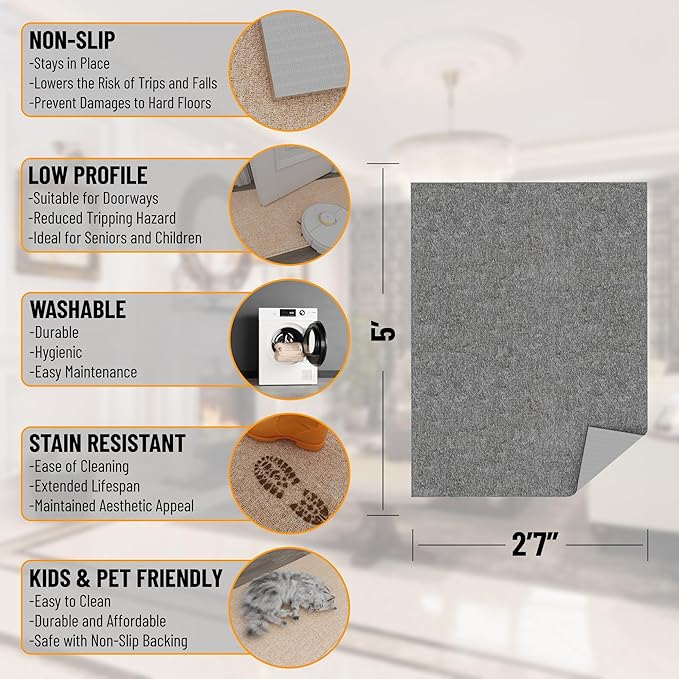 Ottomanson 2'7" x 5' Ultra-Thin Area Rug Durable Non-Slip Carpet for High-Traffic Areas - Fits Under Doors for Easy Use - Ideal for Living Room, Bedroom, Kitchen, Bathroom & Entryway, Gray