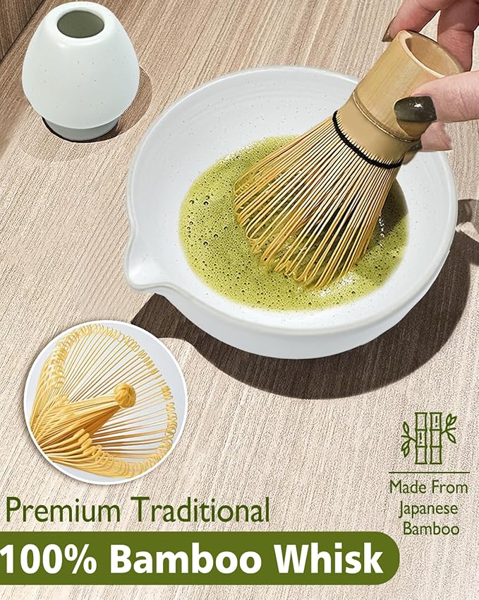 Matcha Whisk Set with Matcha Bowl, Matcha Whisk Holder Matcha Bamboo Whisk, Scoop, Sifter, Unique Gifts for Women Men Girl Friend Home Kitchen Decor(white)