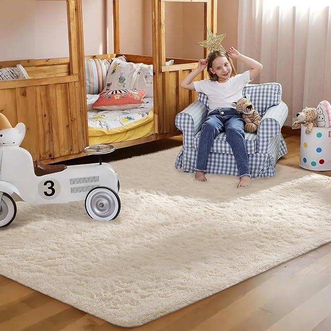 Ophanie 5x8 Area Rug, Upgrade Non-Slip Fluffy Soft Living Room Rugs, Shag Large Fuzzy Plush Carpets for Bedroom Ivory, Shaggy Kids Boys Girls Dorm Nursery Home Decor Aesthetic
