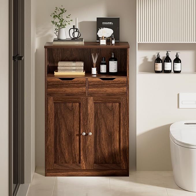Vongrasig Bathroom Storage Cabinet, Freestanding Pantry Cabinet with 2 Drawers and Adjustable Shelves, Wooden Floor Storage Organizer for Bathroom, Living Room, Kitchen, Entryway, Farmhouse, Brown