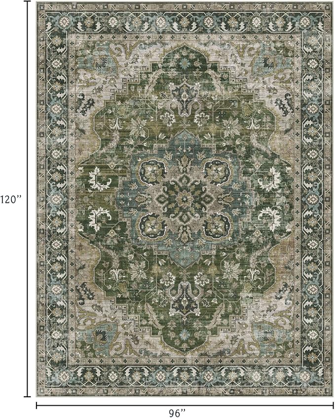 Washable Area Rug 8x10 - Large Moss Green Boho Rugs for Living Room Soft Vintage Bedroom Rug Ultra-Thin Distressed Oriental Carpet Stain Resistant Rug for Dining Room Guest Room Home Decor