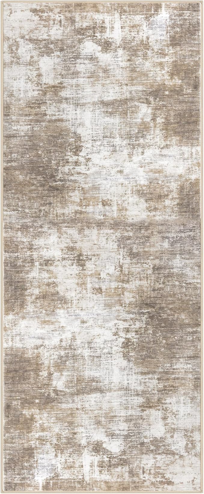 IOHOUZE Abstract Runner Rug 2x5 Ft Washable Runners for Hallways, Non Slip Kitchen Runner Printed Faux Wool Entryway Runner Indoor, Modern Abstract Floor Carpet for Hall Kitchen Bedroom, Beige Brown