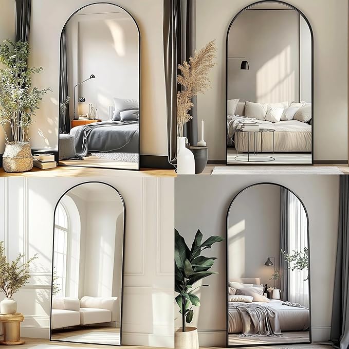 TinyTimes 76''x34'' Arched Floor Mirror, Full Body Mirror with Stand, Modern & Contemporary Design, Aluminum Alloy Frame (Black)