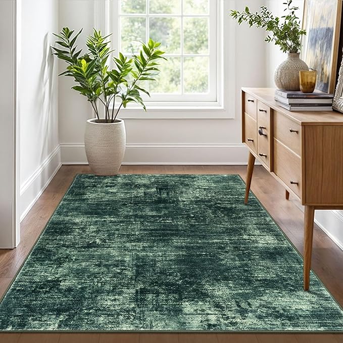 IOHOUZE Abstract Area Rug 4x6 Ft Washable Rugs for Entryway Indoor, Non Slip Small Living Room Rugs Printed Faux Wool Throw Rug, Floor Carpet for Kitchen Nursery Playroom, Dark Green