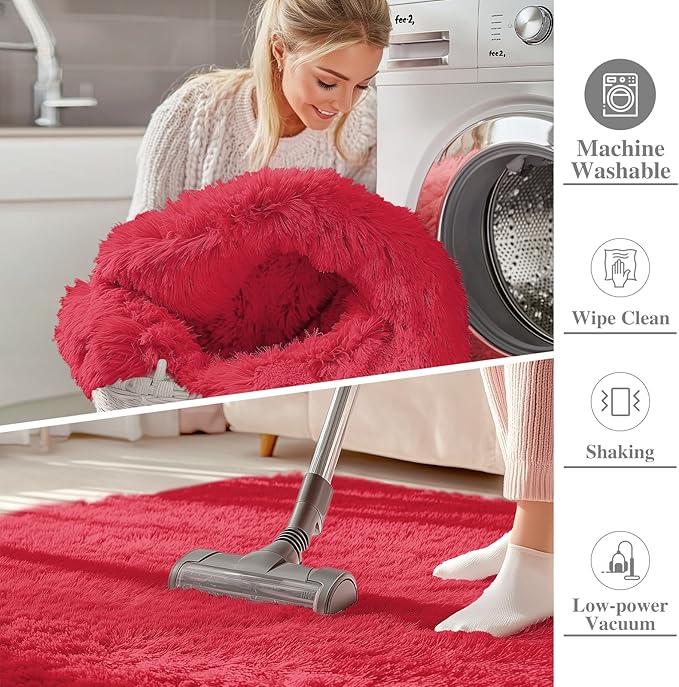 OLANLY Area Rugs for Living Room Bedroom, Machine Washable 4x5.9 ft Soft Fluffy Shaggy Bedside Rug, Indoor Floor Carpet for Kids Girls and Boys, Dorms, Nursery Rooms, Home Decor Aesthetic, Red