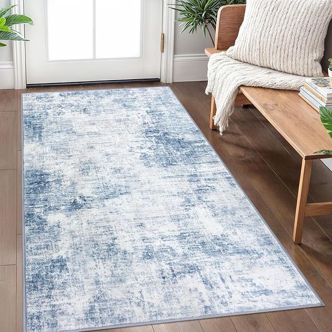 IOHOUZE Abstract Area Rug 3x5 Ft Washable Rugs for Entryway Indoor, Non Slip Kitchen Rug Printed Faux Wool Throw Rugs, Indoor Door Mat for Door Entrance Foyer Living Room, Light Blue White