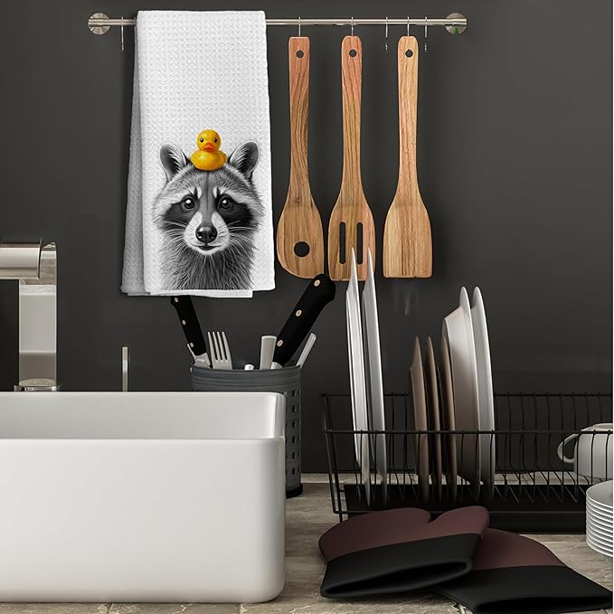 Nipi 109-XJ-MJ Towel Funny Raccoon Lover Gifts Bathroom Hand Towels, Raccoon Bathroom Decor, Vintage Animal Trash Panda with A Yellow Duck on Head Decorative Kids Hand Towels, 16x24 Inch