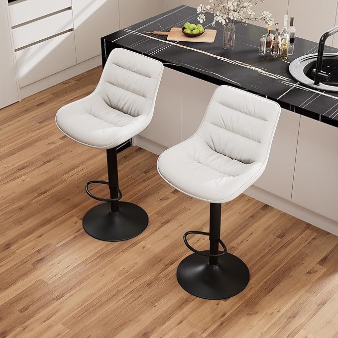 Kidol & Shellder Bar Stools Set of 2 Adjustable Swivel White, PU Leather Upholstered with Back, Modern Counter Height Stools for Kitchen Island, Home Bar