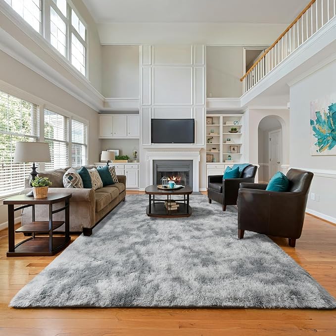 Tie Dyed Grey Fluffy 9x12 Area Rug for Living Room, Plush Shag Rugs for Bedroom, Large Soft Furry Carpets for Kids Room, Modern Indoor Nursery Carpet for Classroom Dorm Cozy Comfy Home Decor