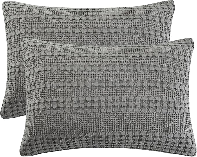 PHF 100% Cotton Waffle Pillow Shams Standard Size, 2 Pack 20" x 26" Soft Skin-Friendly Pillowcases, No Filling, Aesthetic Woven and Breathable Waffle Weave Pillow Case Covers for Bed, Dark Grey