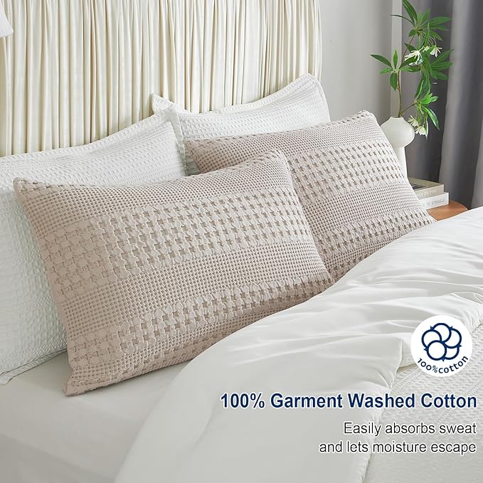 PHF 100% Cotton Waffle Pillow Shams Queen Size, 2 Pack 20" x 30" Soft Skin-Friendly Pillowcases, No Filling, Aesthetic Woven and Breathable Waffle Weave Pillow Case Covers for Bed, Oatmeal