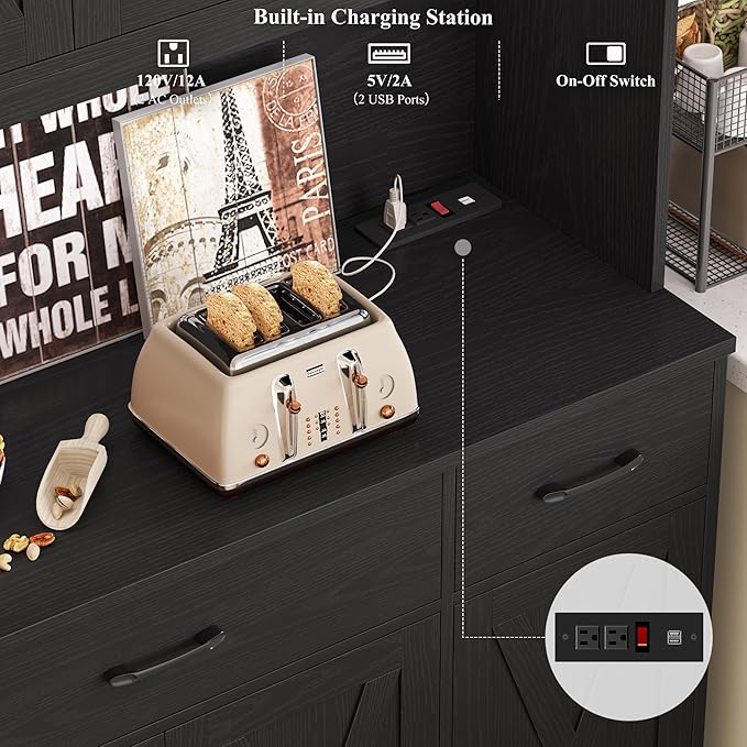 HOSTACK 71" Tall Kitchen Pantry Storage Cabinet with Charging Station, 55" Wide Kitchen Hutch Cabinet with Large Countertop, Farmhouse Food Pantry with Drawers for Living Room, Black Wood Grain