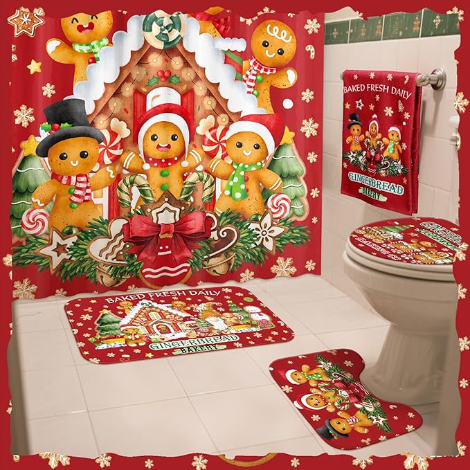 8 Pcs Christmas Shower Curtain Set Xmas Santa Bathroom Decoration Christmas Tree Hand Towels Snowman Toilet Lid Cover Bathroom Rugs Xmas Shower Curtain with Hooks(Gingerbread Man)