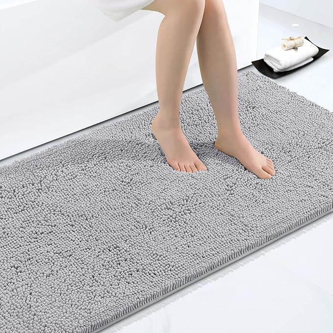 Smiry Luxury Chenille Bathroom Rugs 40x32, Extra Soft and Absorbent Shaggy Bath Mat, Machine Washable, Non-Slip Plush Carpet Runner for Tub, Shower, and Floor, Home Decor Accessories, Light Grey