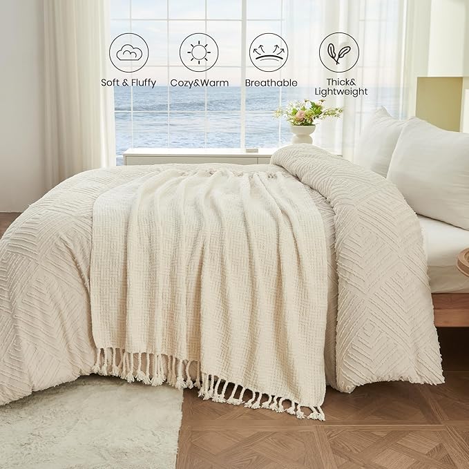 lifein Throw Blanket for Couch - Boho Throw Blanket, Knit Woven Blanket, Soft Decorative Blankets&Throws with Tassels for Bed,Sofa,Chair,Home Decor (Cream, 50 * 60, Waffle)