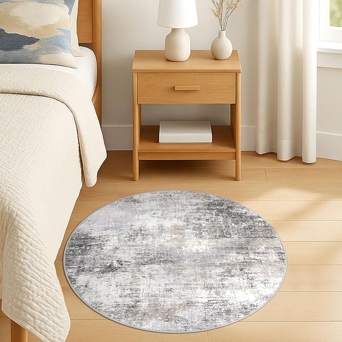 IOHOUZE Round Area Rug 3 Ft Circle Entryway Rugs Round Washable Door Mat Indoor Entrance, Non Slip Circle Front Door Rug, Printed Abstract Faux Wool Floor Carpet for Foyer Porch Sink, Grey Beige