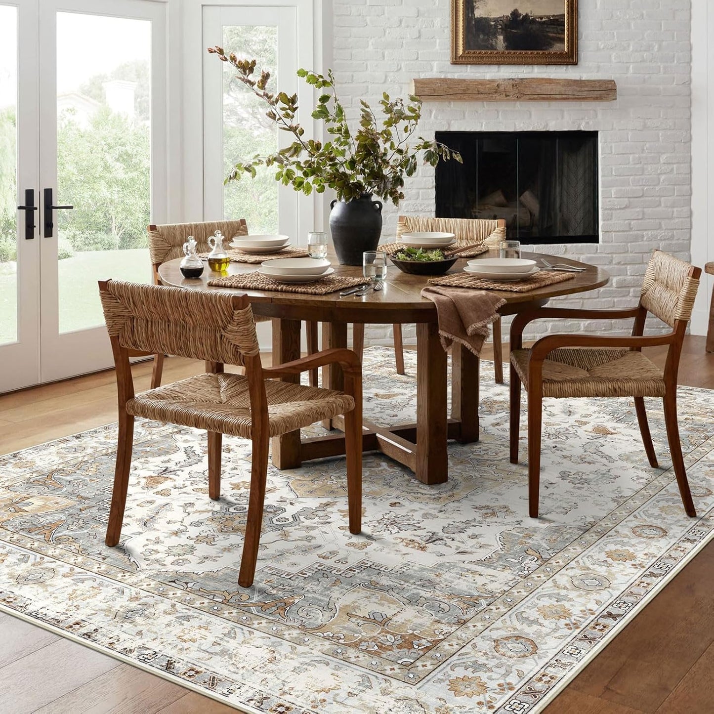 6x9 Area Rug for Living Room - Large Oriental Washable Rugs for Bedroom Non-Slip Tan Cream Stain Resistant Dining Room Rug Farmhouse Low-Pile Carpet Soft Vintage Rug for Office Guest Room