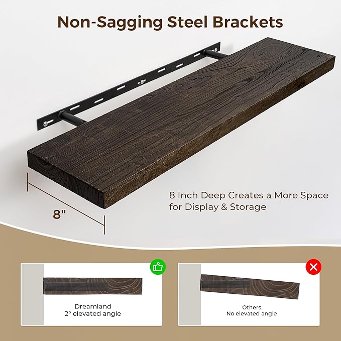 Rustic Wood Floating Shelves for Wall Decor, Elm Wood Shelves 48 Inch Long, 8 Inch Deep Floating Shelf for Living Room Bathroom Bedroom Kitchen, 48 x 8 Wall Shelves Set of 1, Walnut Color