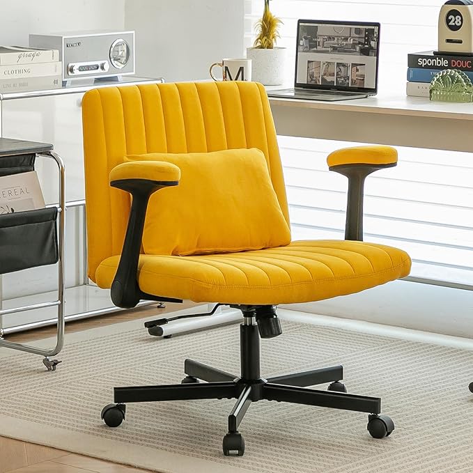 Furnimart Criss Cross Desk Char Wide Seat with Wheels and Arms, 360° Swivel Cross Legged Desk Chair Thick Cushion, Velvet Comfy Armless Home Office Chair for Bedroom, Vanity, Sturdy (Yellow)