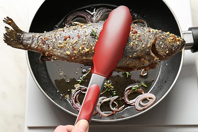 Set of 2 Kitchen Tongs 9-Inch & 12-Inch, Premium Stainless Steel BPA Free Silicone Non-Stick Grilling Barbeque Cooking Locking Food Tongs, Red