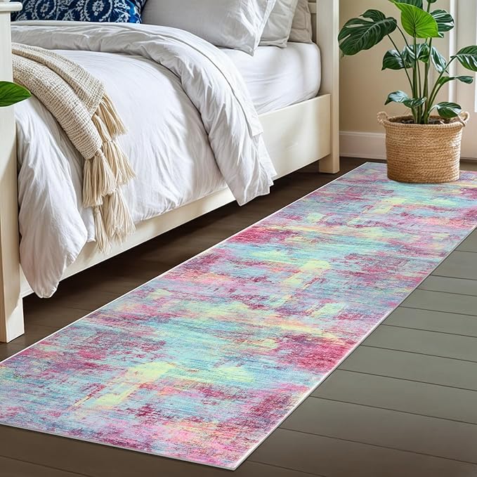 IOHOUZE Abstract Runner Rug 2x7 Ft Washable Runners for Hallways, Non Slip Kitchen Runner Printed Faux Wool Entryway Runners Indoor, Modern Abstract Floor Carpet for Hall Kitchen Bedroom, Pink Teal