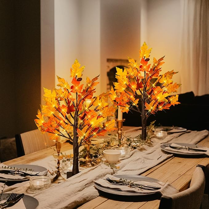 FastDeng 2ft Tabletop Lighted Maple Tree, 36 LED Warm White Artificial Fall Tree Lights with 6pcs Acorn Timing Battery Operated for Indoor Autumn Harvest Home Decor, Thanksgiving Decorations