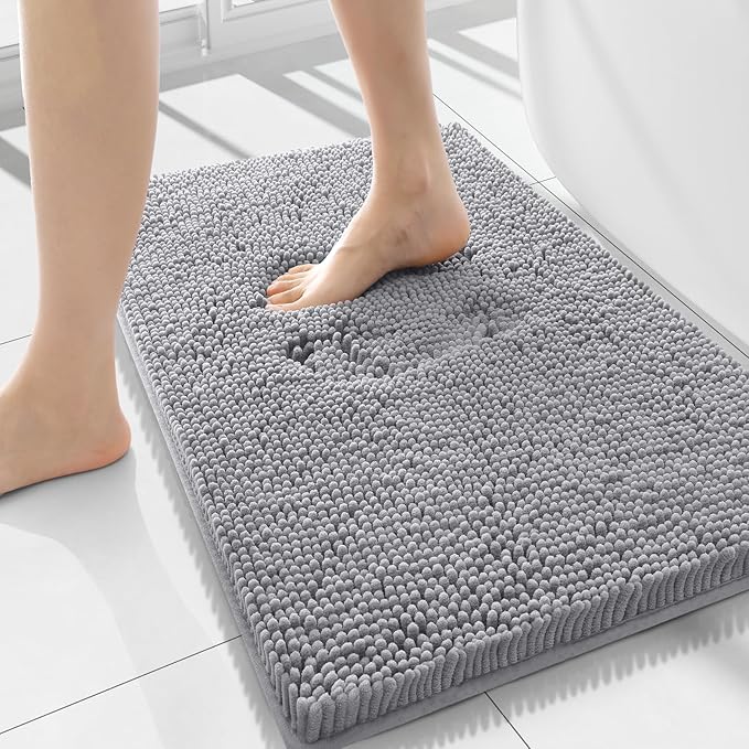Smiry Luxury Chenille Bathroom Rugs 34x21, Extra Soft and Absorbent Shaggy Bath Mat, Machine Washable, Non-Slip Plush Carpet Runner for Tub, Shower, and Floor, Home Decor Accessories, Grey