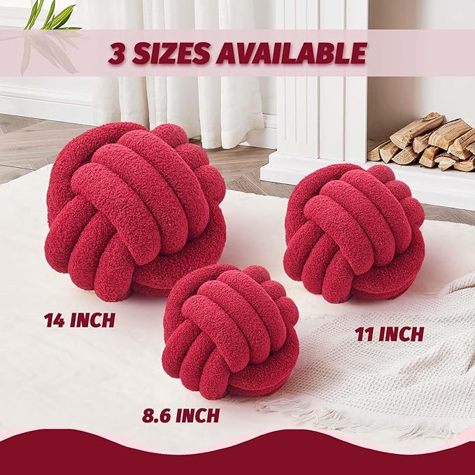 Uvvyui Knot Pillow Ball, Soft Home Decorative Pillows, Round Throw Pillow, Handmade Knotted Plush Pillow, Round Boucle Pillow Cushion (11 Inches Burgundy)