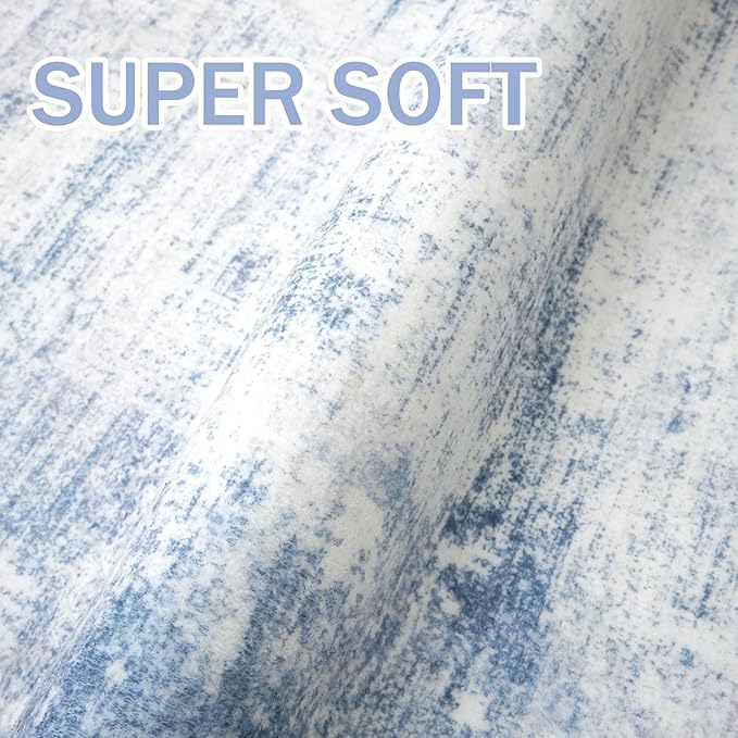 IOHOUZE Abstract Area Rugs 5x7 Ft Washable Rugs for Living Room, Non Slip Dining Room Rug, Printed Faux Wool Rugs for Bedroom, Floor Carpet for Office Nursery Playroom, Light Blue White