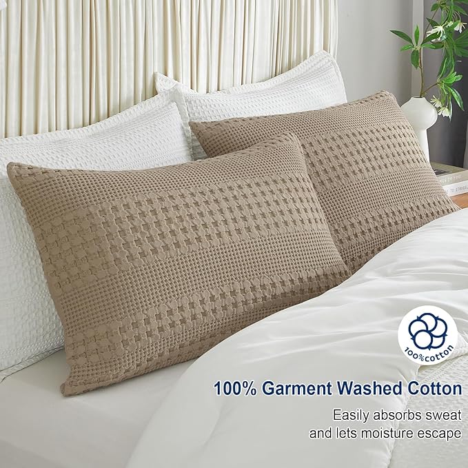 PHF 100% Cotton Waffle Pillow Shams Queen Size, 2 Pack 20" x 30" Soft Skin-Friendly Pillowcases, No Filling, Aesthetic Woven and Breathable Waffle Weave Pillow Case Covers for Bed, Simply Taupe