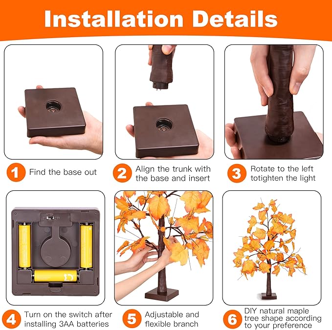 2 Pack 24 Inch Fall Maple Tree with 48LED Battery Operated Lighted Tabletop Artificial Tree with Pumpkin Acorn Maple Fall Centerpieces Indoor Fall Decorations for Home Office Thanksgiving Table Decor