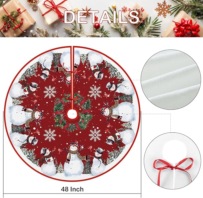 Snowman Christmas Tree Skirt 48 Inches, Red Backgrond Snowflake Pencil Tree Skirt, Winter Xmas Tree Mat Decorations for Home Party Holiday Decorations
