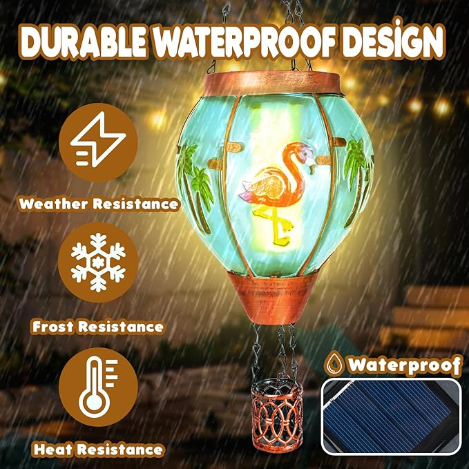 4 Pack Solar Hot Air Balloon Lantern with Flame, Flamingo Glass Solar Outdoor Lights Decorative for Outdoor Patio Garden Decor, Flamingo Gifts for Women Grandma Mom - Flamingo