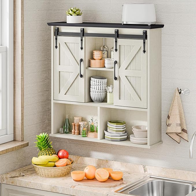 Vabches Bathroom Wall Cabinet, Farmhouse Medicine Cabinet with Double Sliding Barn Door and Adjustable Shelves, Wooden Vintage Storage Cabinet Wall Mounted for Bathroom, Kitchen, White and Black