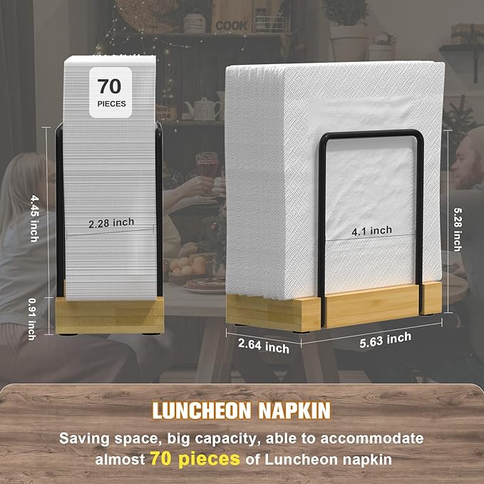 Napkin Holder for Table, Bamboo Iron Standing Napkin Dispenser for Kitchen Dining Table Farmhouse Cocktail Picnic Rustic Wood Holders for Mail Bills Suitable for All Dining Room Decors Black & Yellow