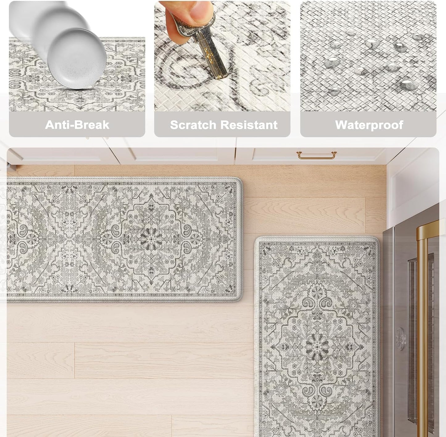 KIMODE Kitchen Mats Cushioned Anti Fatigue, Boho Vintage Grey Kitchen Rugs Sets of 2, Non-Slip Kitchen Mats for Floor, Padded Kitchen Floor Mat for Sink, Laundry, Office, Desk,17"x47"+17"x29"