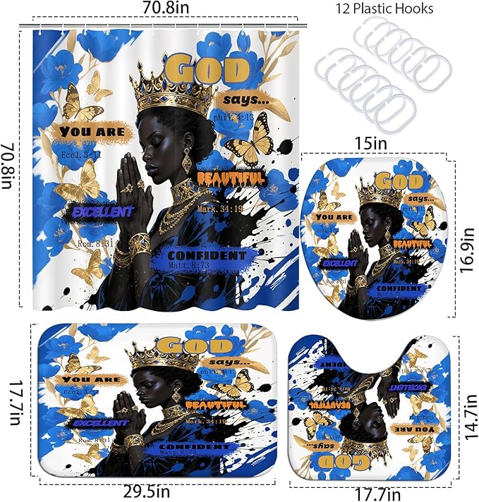 4 PCS Black Queen Shower Curtain Set with Waterproof Shower Curtain, Non-Slip Bath Mat, Rug, Toilet Lid Cover, Inspirational Quote Afrcia American Blue Flower Black Woman Halloween Bathroom Decor Set