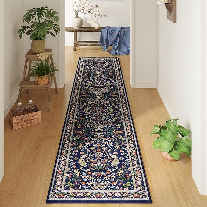Runner Rug Washable Kitchen Runner 2'x 10' Runner Rug for Entryway Indoor Floral Soft Non-Slip Carpet Runner for Hallways, Kitchen, Laundry, Bedroom, Bathroom(Blue)