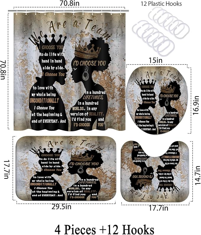 4Pcs Black Man Women Shower Curtain Set with Rugs Toilet Lid Cover Bath Mat, Romantic Couples Bathroom Decor Sets with Shower Curtain and Hooks, Waterproof Fabric King Queen Sets