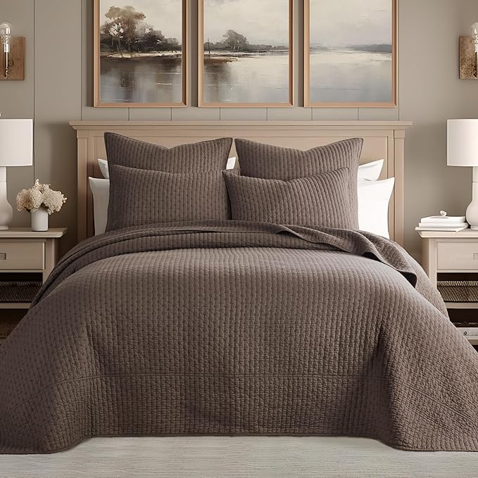 Levtex Home Cross Stitch Reversible Twin Bedspread Set (84x104in) with 1 Pillow Sham (26x20in) - Stitch Texture - Cocoa - Cotton Twin Size Bedspread Set - Lightweight, Soft, Pre-Washed