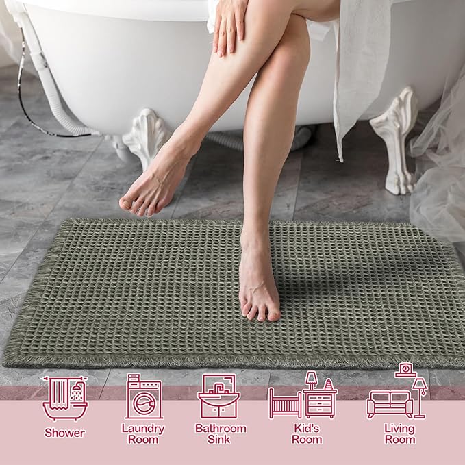 ZALL Waffle Bath Mat,Super Absorbent Non Slip Bathroom Rug,Dark Green 24x36inch,Machine Washable Ultra Soft Floor Mats