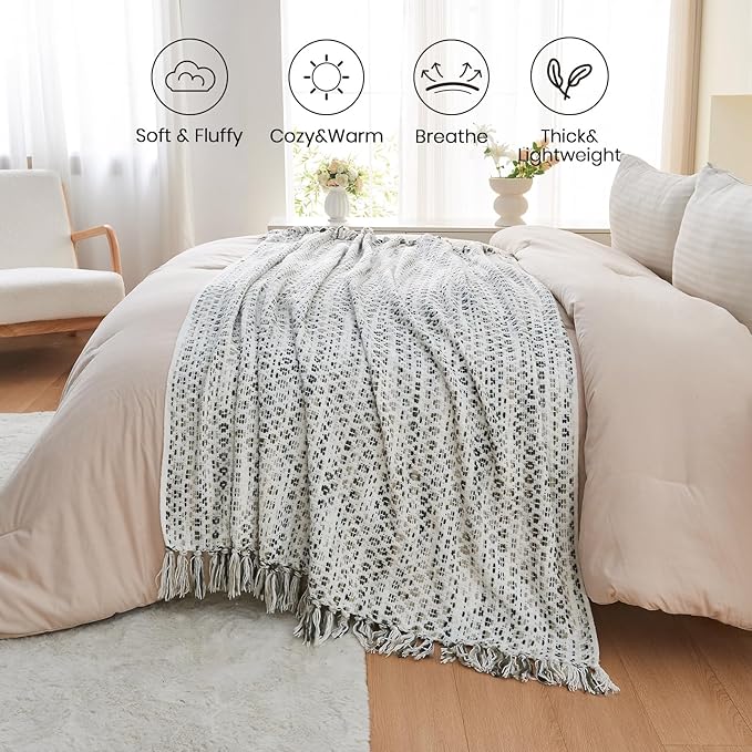 lifein Throw Blanket for Couch - Boho Throw Blanket, Knit Woven Blanket, Soft Decorative Blankets&Throws with Tassels for Bed,Sofa,Chair,Home Decor (Green, 50 * 60, Braid)