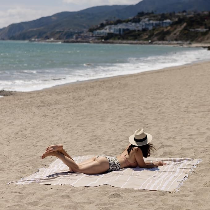 WETCAT Turkish Beach Blanket Sandproof (82"x82") 100% Turkish Cotton, Made in Turkey - Sand Free, Ultra Soft, Extra Large Throw for Picnic – Beige