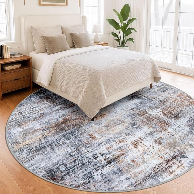 IOHOUZE Abstract Round Area Rug 8 Ft Washable Circle Rugs Large Round Rug Non Slip Thin Soft Circle Rugs, Printed Faux Wool Floor Carpet for Bedroom Living Room Dining Room Nursery, Orange Grey