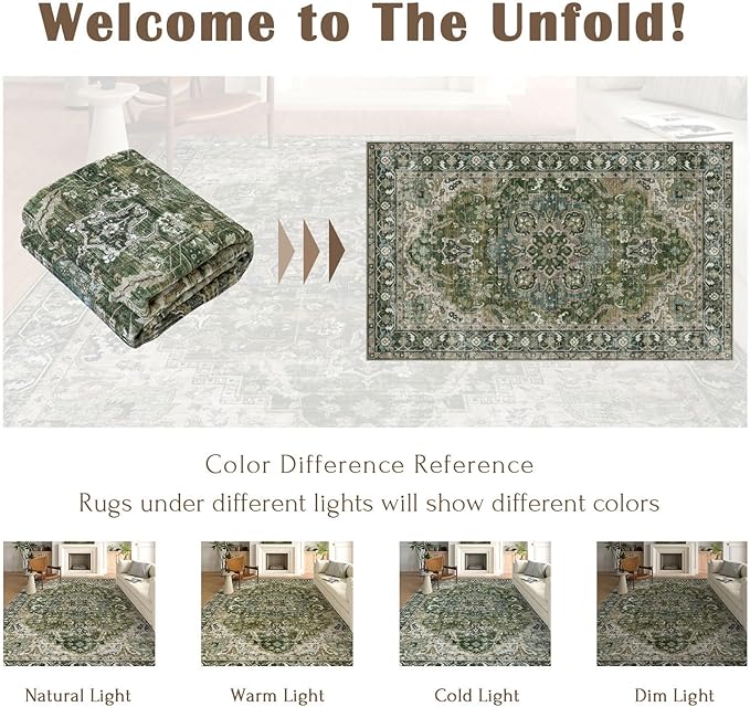 3x5 Washable Area Rug - Small Entryway Rug Non-Slip Moss Green Vintage Oriental Kitchen Rugs Low Pile Boho Carpet Throw Rugs for Living Room Bedroom Bathroom Entrance Dorm Office Home Decor