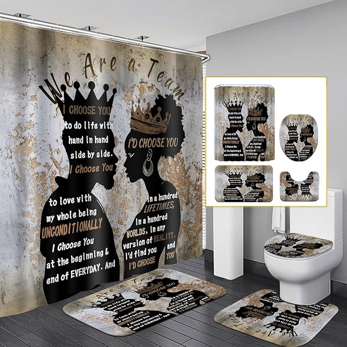 4Pcs Black Man Women Shower Curtain Set with Rugs Toilet Lid Cover Bath Mat, Romantic Couples Bathroom Decor Sets with Shower Curtain and Hooks, Waterproof Fabric King Queen Sets