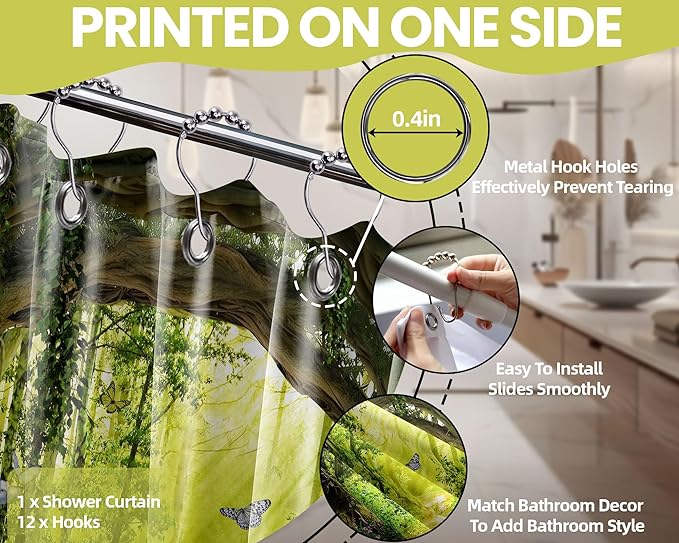 Tree Shower Curtain Green, Nature Garden Shower Curtain Outdoors Scene Shower Curtains for Bathroom, Enchanted Forest Scenic Bathroom Decor Sets, Waterproof Fabric with Hooks (70''W x 84''L)