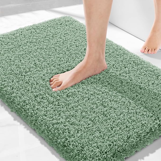 Yimobra Luxury Fluffy Bathroom Rugs, Super Elastic Soft Thick Plush Bath Mat, Non-Slip Water Absorbent, Easier to Dry, Sturdy Shaggy Microfiber Carpet for Bathtub, 32"x 20", Pure Light Green