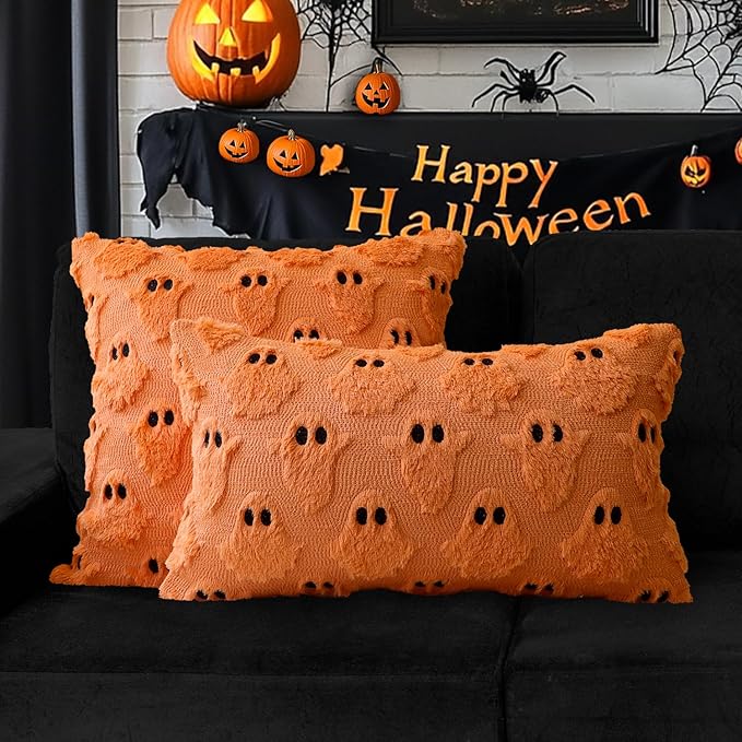 4TH Emotion Halloween Ghost Decorative Pillow Covers 18x18 Set of 2, Orange Soft Plush Faux Fur Farmhouse Throw Cushion Cases for Fall Autumn Holiday Home Decorations